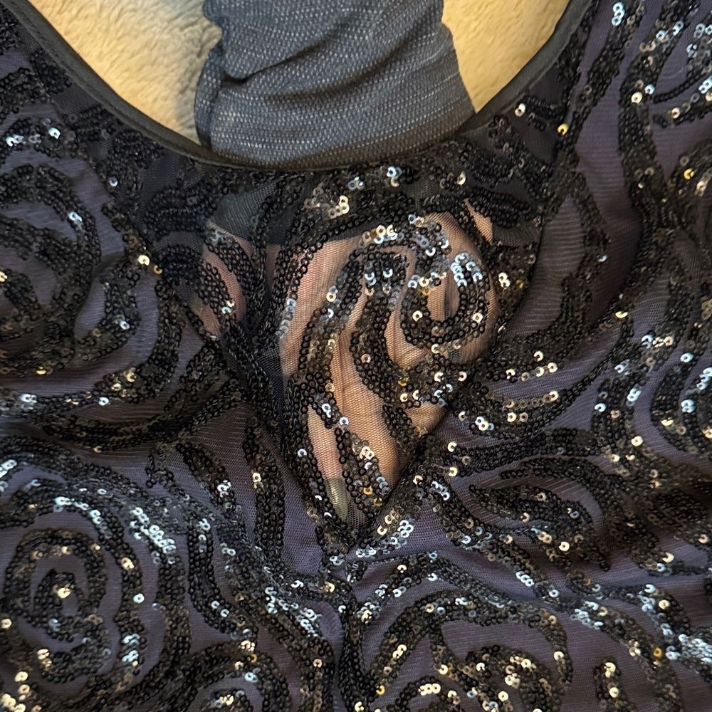 Ricki's Black Sequin Rose Sleeveless Dress Purple Under Layer sz 14 Stretch - Picture 6 of 15